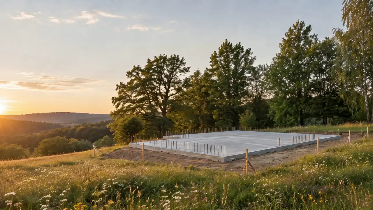 Modernes Einfamilienhaus mit Holzfassade und Metalldach, das beim Scrollen vom Fundament über den Rohbau bis zum fertigen Haus entsteht, in einer Wiesenlandschaft bei Abendlicht