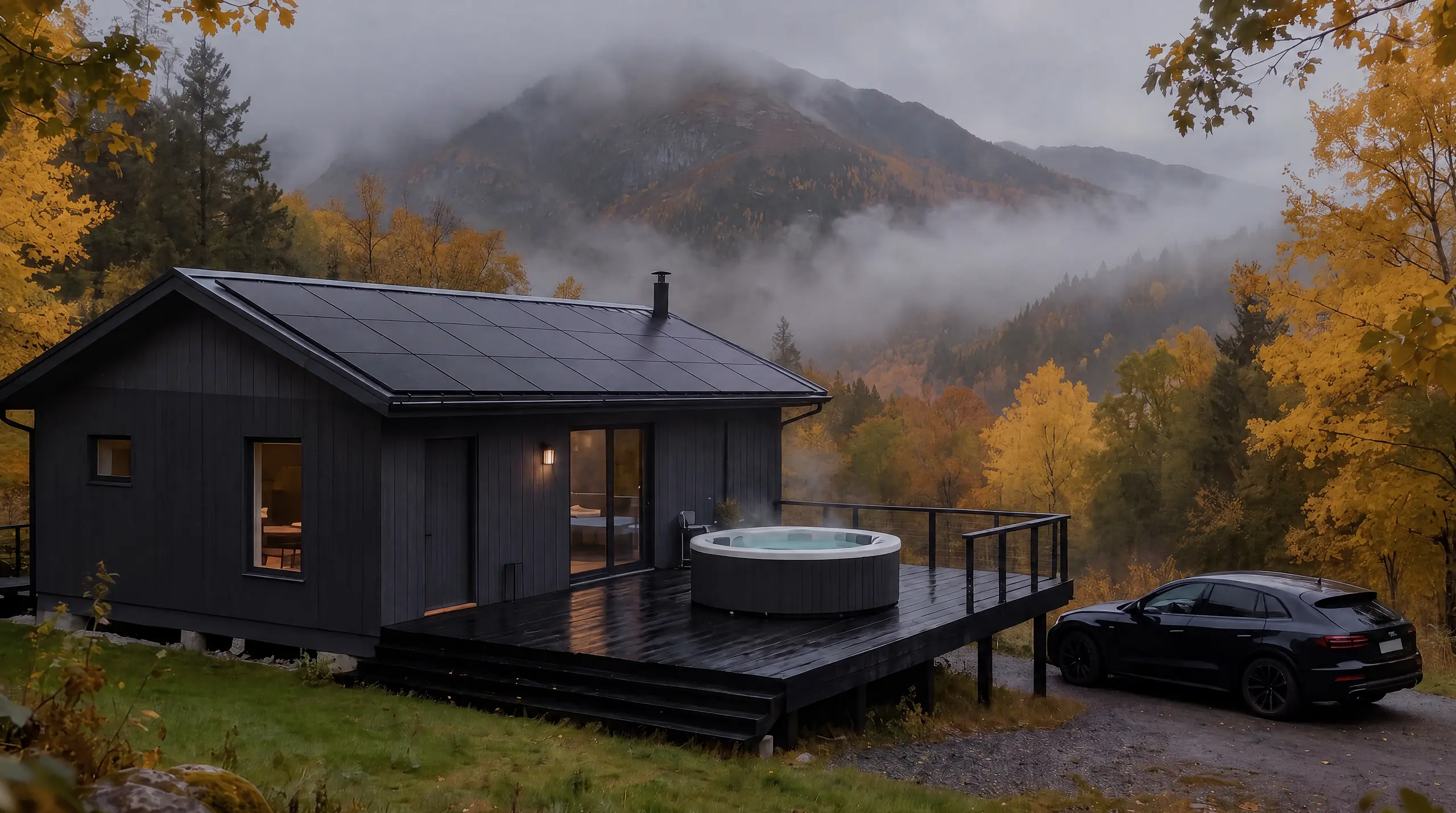 Schwarzes Holzhaus mit Photovoltaikanlage auf dem Dach, davor eine Terrasse mit Whirlpool, dahinter ein nebliges Herbsttal
